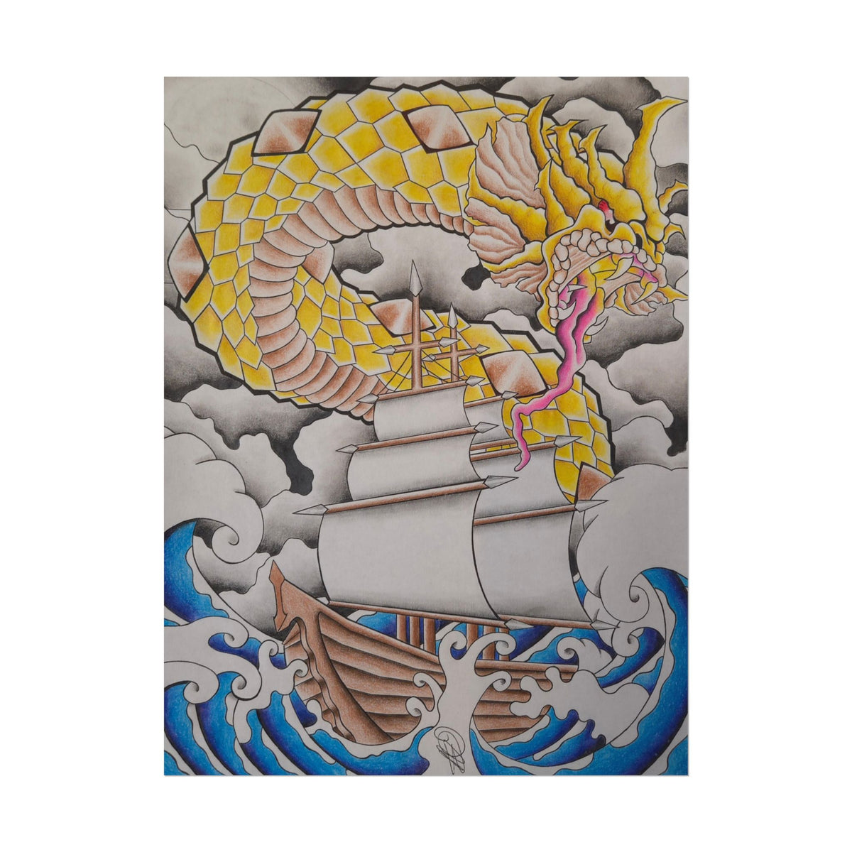 Sailboat & Golden Dragon Poster — Nautical Tattoo Art Rolled Print