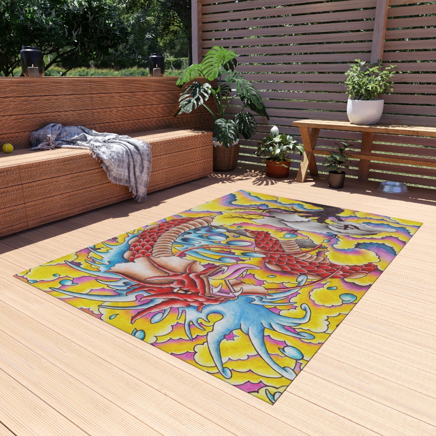Dragon Print Outdoor Rug, Bohemian Area Mat, Patio Decor, Camping Accessory, Porch Rug, Wild Nature Inspired Home Decor