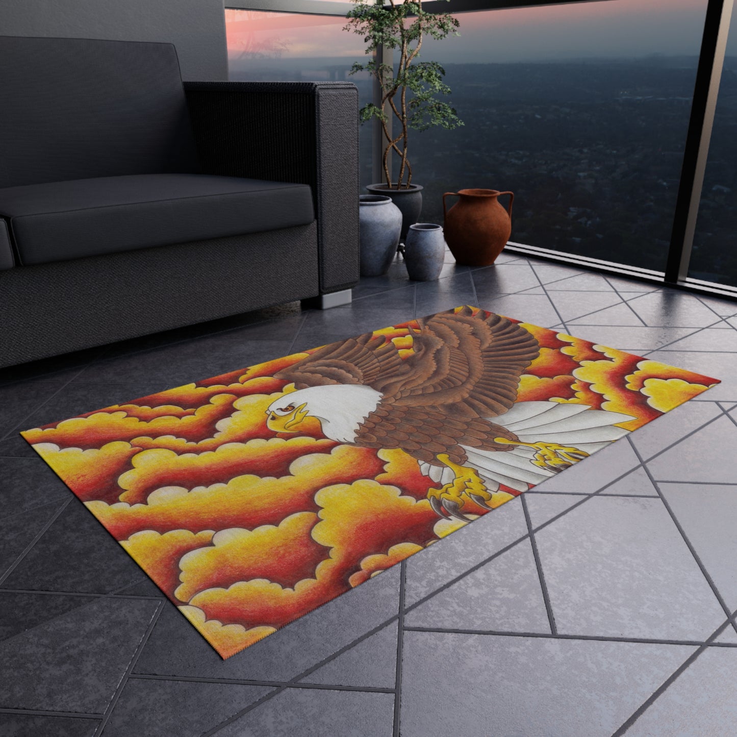 Eagle Print Outdoor Rug, Bohemian Area Mat, Patio Decor, Camping Accessory, Porch Rug, Wild Nature Inspired Home Decor