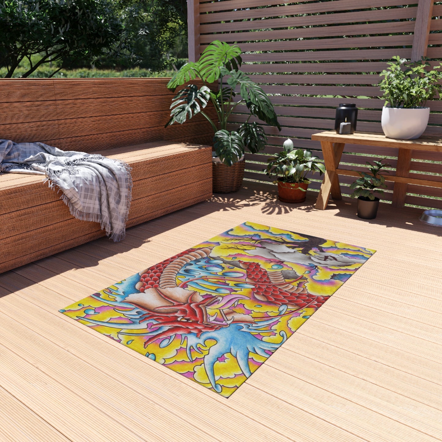 Dragon Print Outdoor Rug, Bohemian Area Mat, Patio Decor, Camping Accessory, Porch Rug, Wild Nature Inspired Home Decor