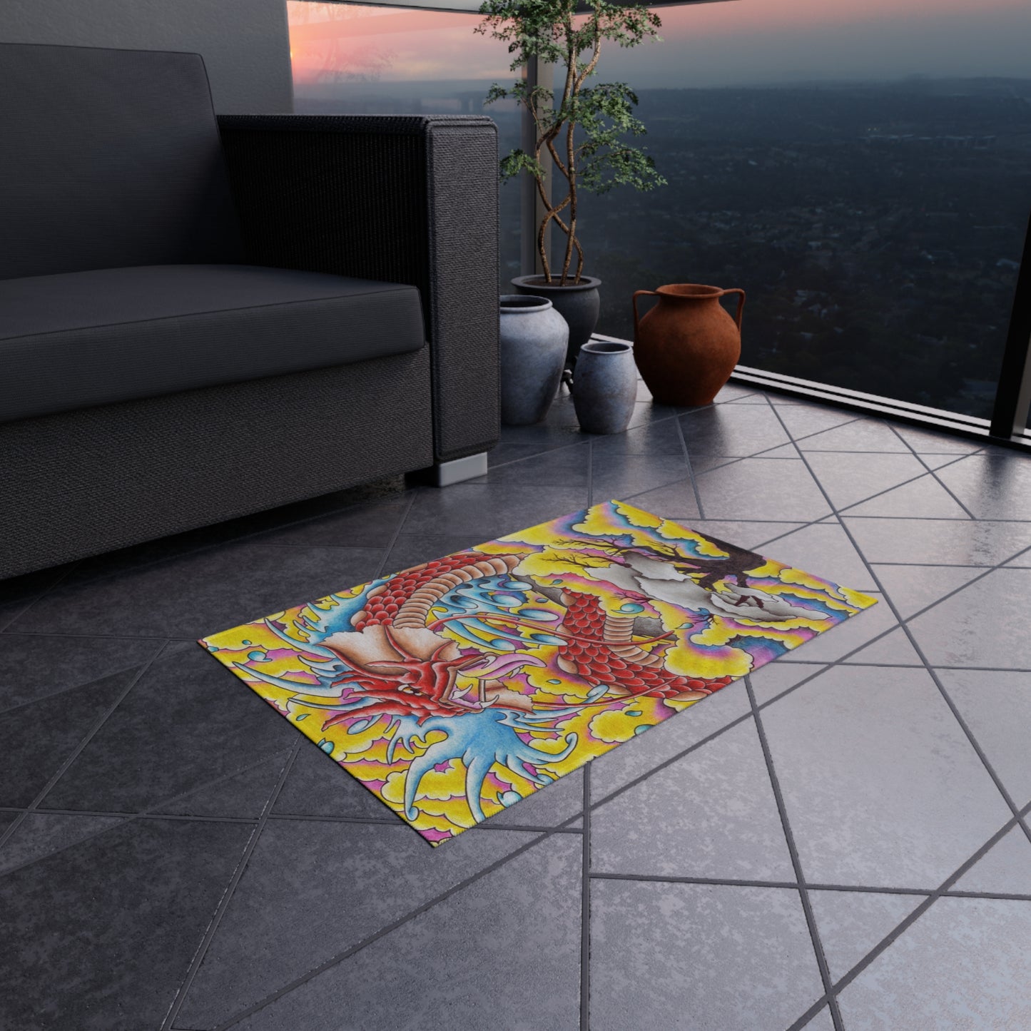 Dragon Print Outdoor Rug, Bohemian Area Mat, Patio Decor, Camping Accessory, Porch Rug, Wild Nature Inspired Home Decor