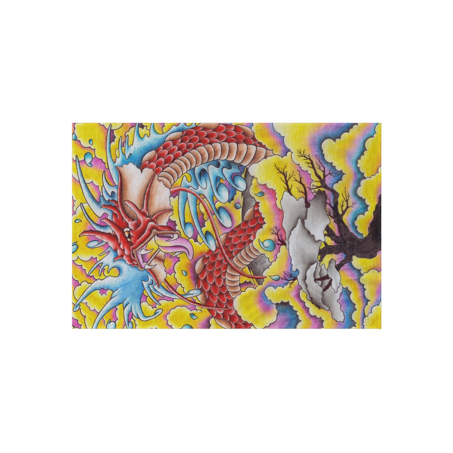 Dragon Print Outdoor Rug, Bohemian Area Mat, Patio Decor, Camping Accessory, Porch Rug, Wild Nature Inspired Home Decor