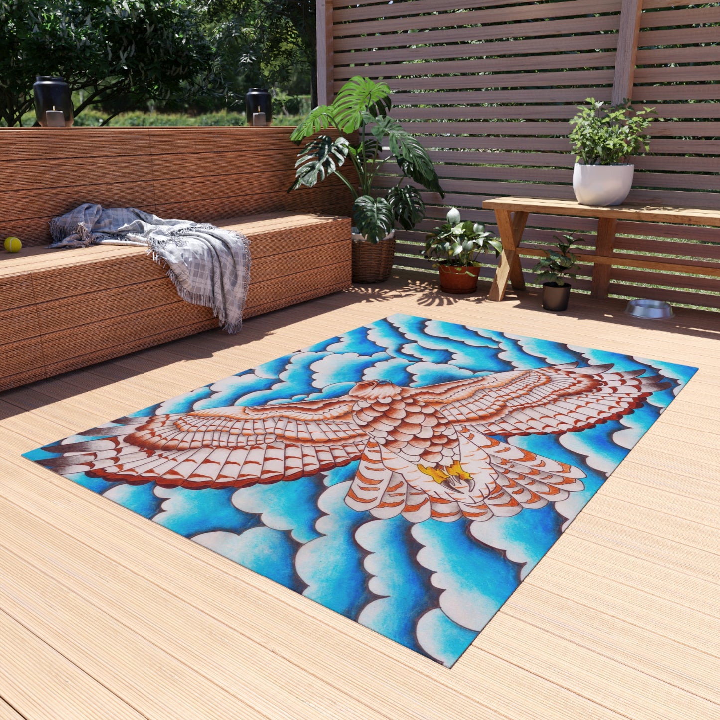Hawk Print Outdoor Rug, Bohemian Area Mat, Patio Decor, Camping Accessory, Porch Rug, Wild Nature Inspired Home Decor
