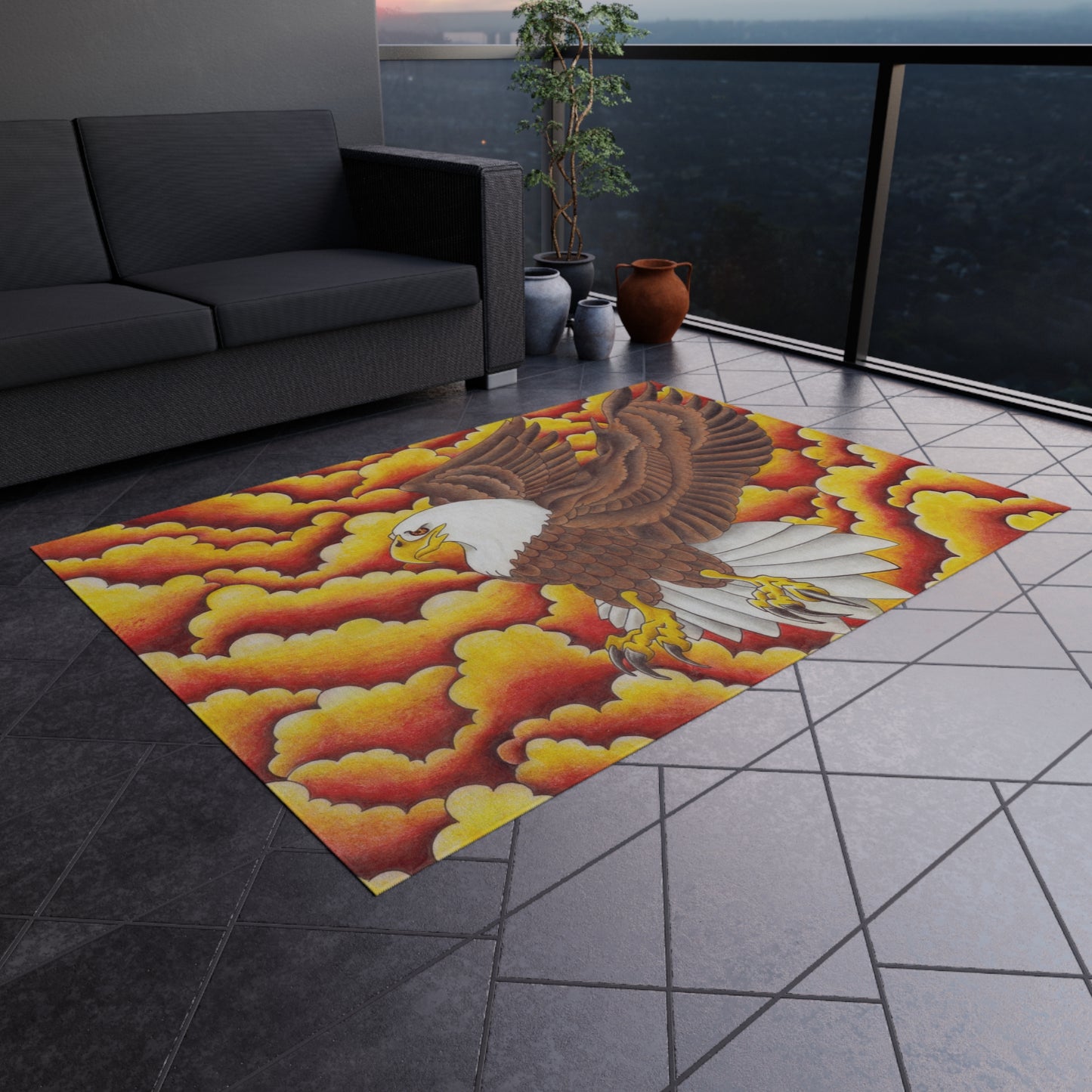 Eagle Print Outdoor Rug, Bohemian Area Mat, Patio Decor, Camping Accessory, Porch Rug, Wild Nature Inspired Home Decor