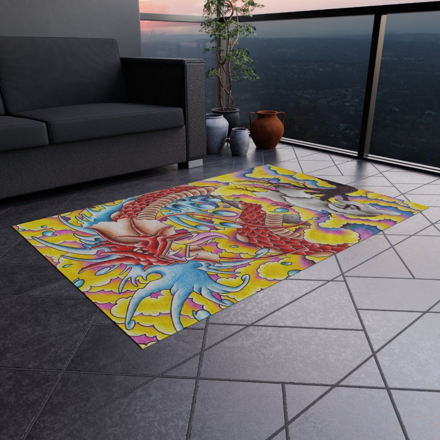 Dragon Print Outdoor Rug, Bohemian Area Mat, Patio Decor, Camping Accessory, Porch Rug, Wild Nature Inspired Home Decor