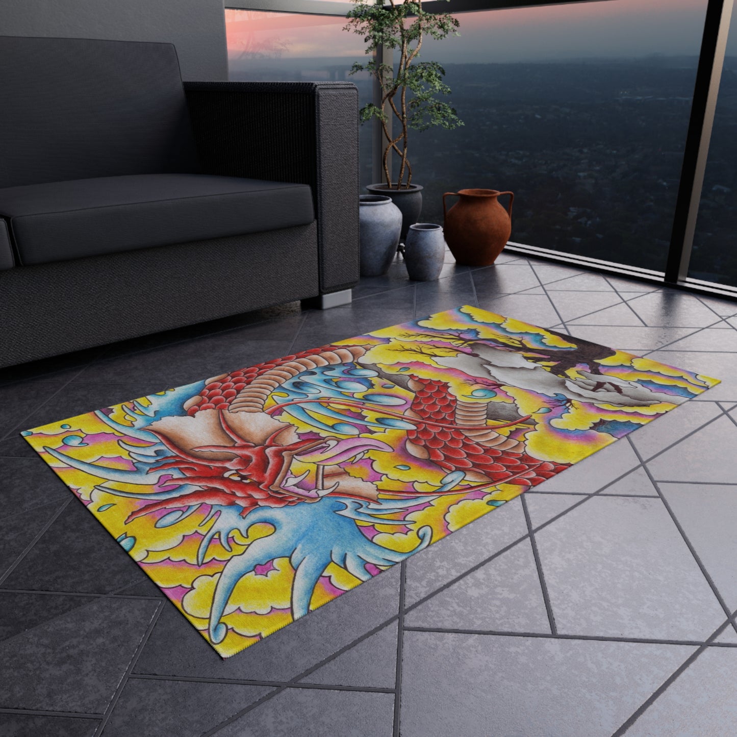 Dragon Print Outdoor Rug, Bohemian Area Mat, Patio Decor, Camping Accessory, Porch Rug, Wild Nature Inspired Home Decor