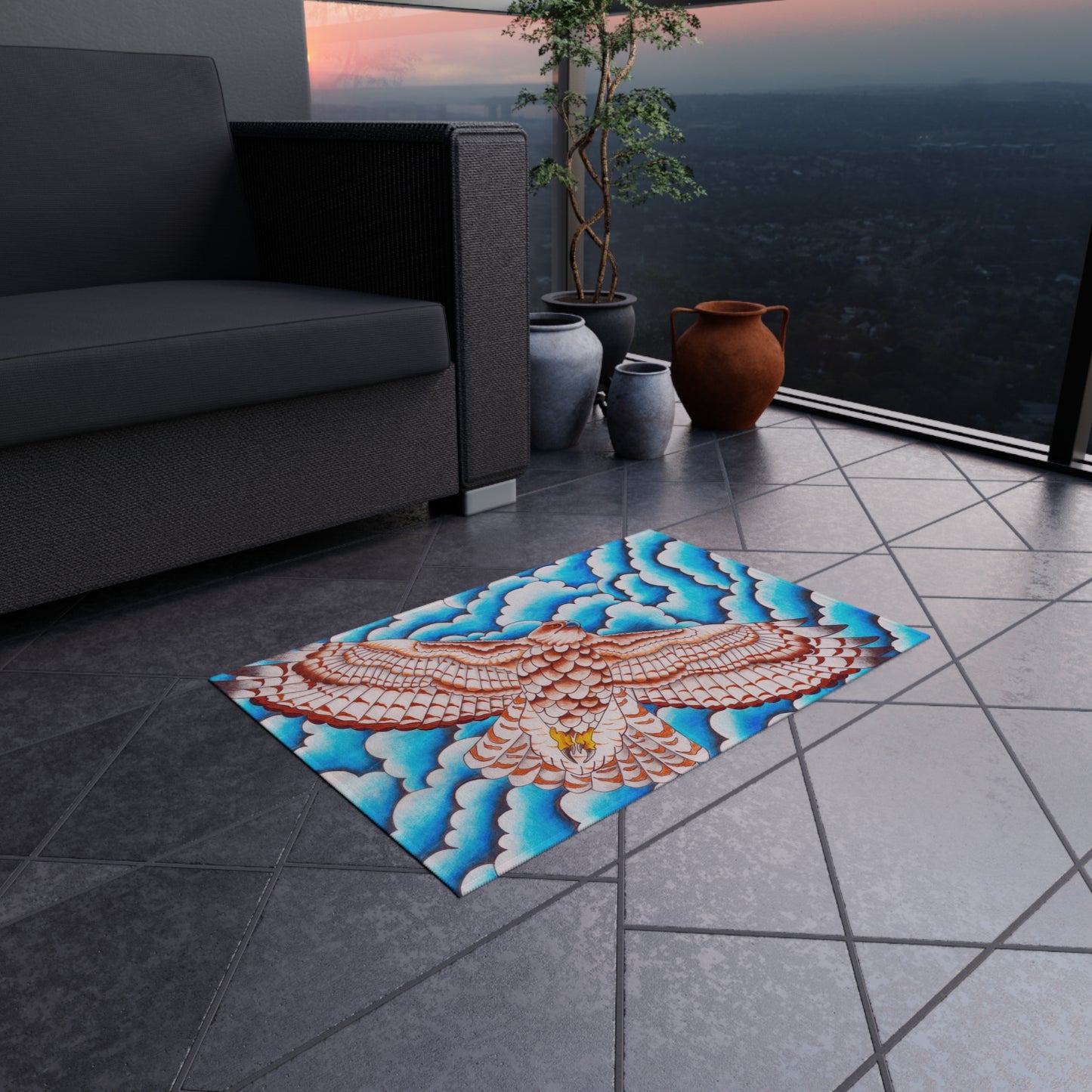 Hawk Print Outdoor Rug, Bohemian Area Mat, Patio Decor, Camping Accessory, Porch Rug, Wild Nature Inspired Home Decor