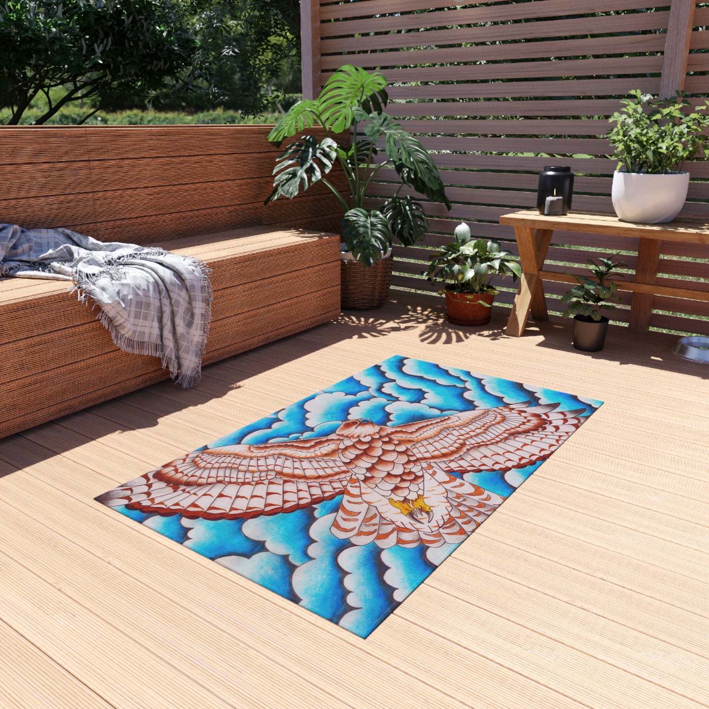 Hawk Print Outdoor Rug, Bohemian Area Mat, Patio Decor, Camping Accessory, Porch Rug, Wild Nature Inspired Home Decor