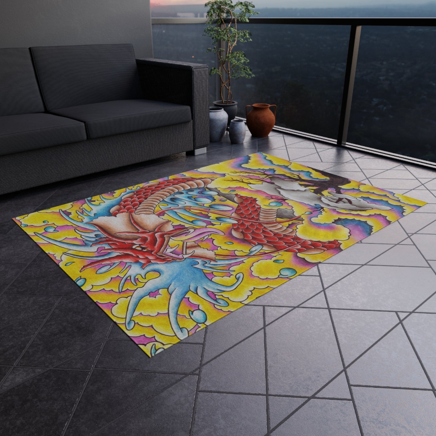 Dragon Print Outdoor Rug, Bohemian Area Mat, Patio Decor, Camping Accessory, Porch Rug, Wild Nature Inspired Home Decor