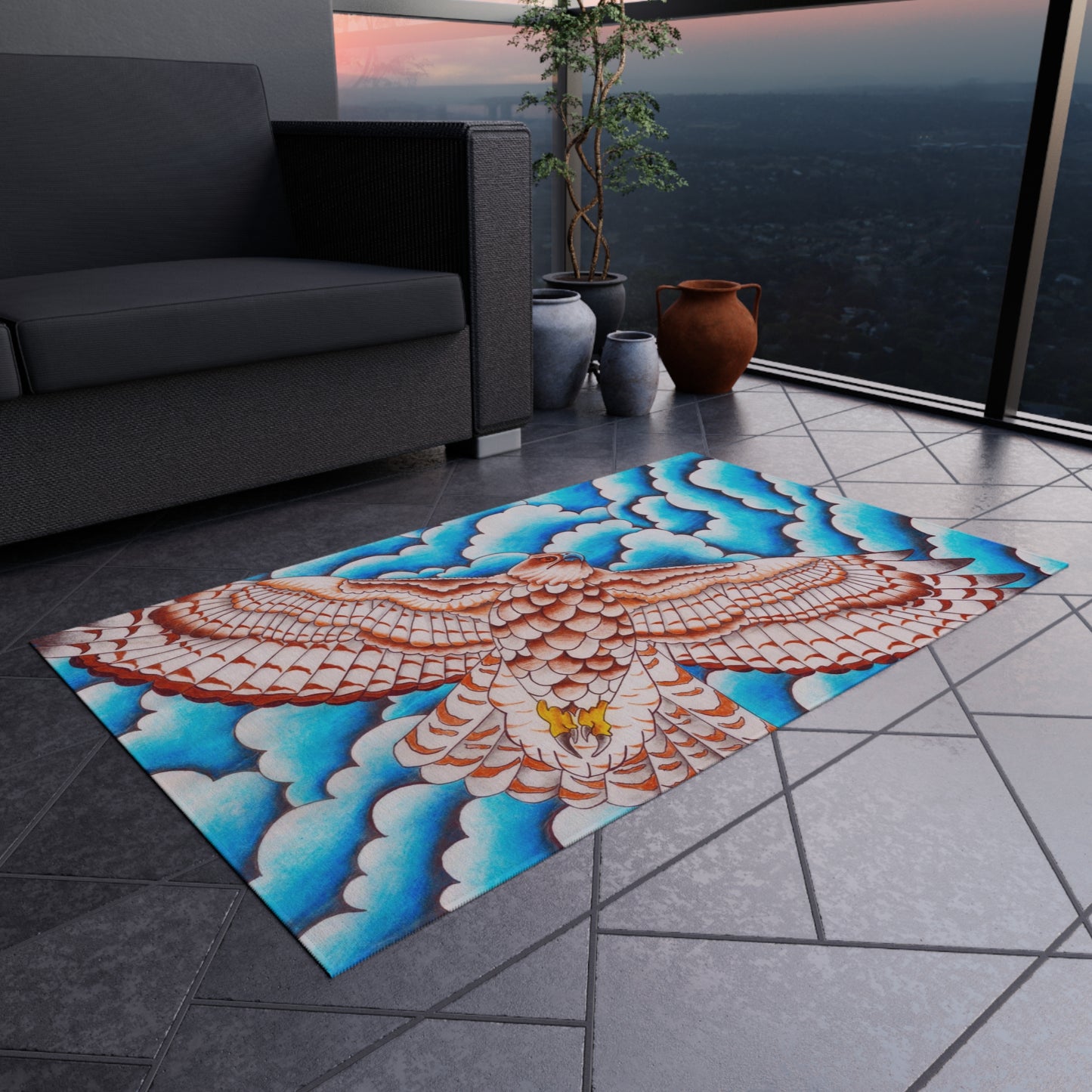 Hawk Print Outdoor Rug, Bohemian Area Mat, Patio Decor, Camping Accessory, Porch Rug, Wild Nature Inspired Home Decor
