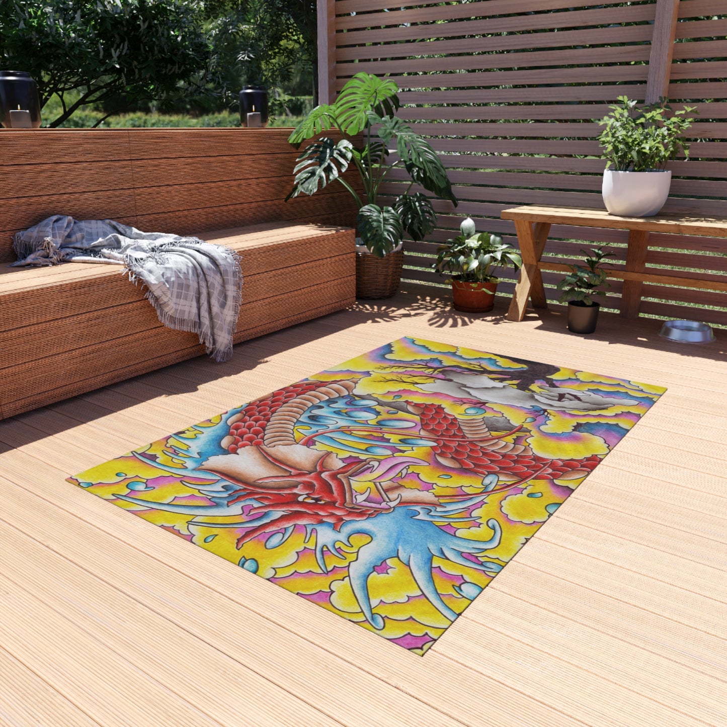 Dragon Print Outdoor Rug, Bohemian Area Mat, Patio Decor, Camping Accessory, Porch Rug, Wild Nature Inspired Home Decor