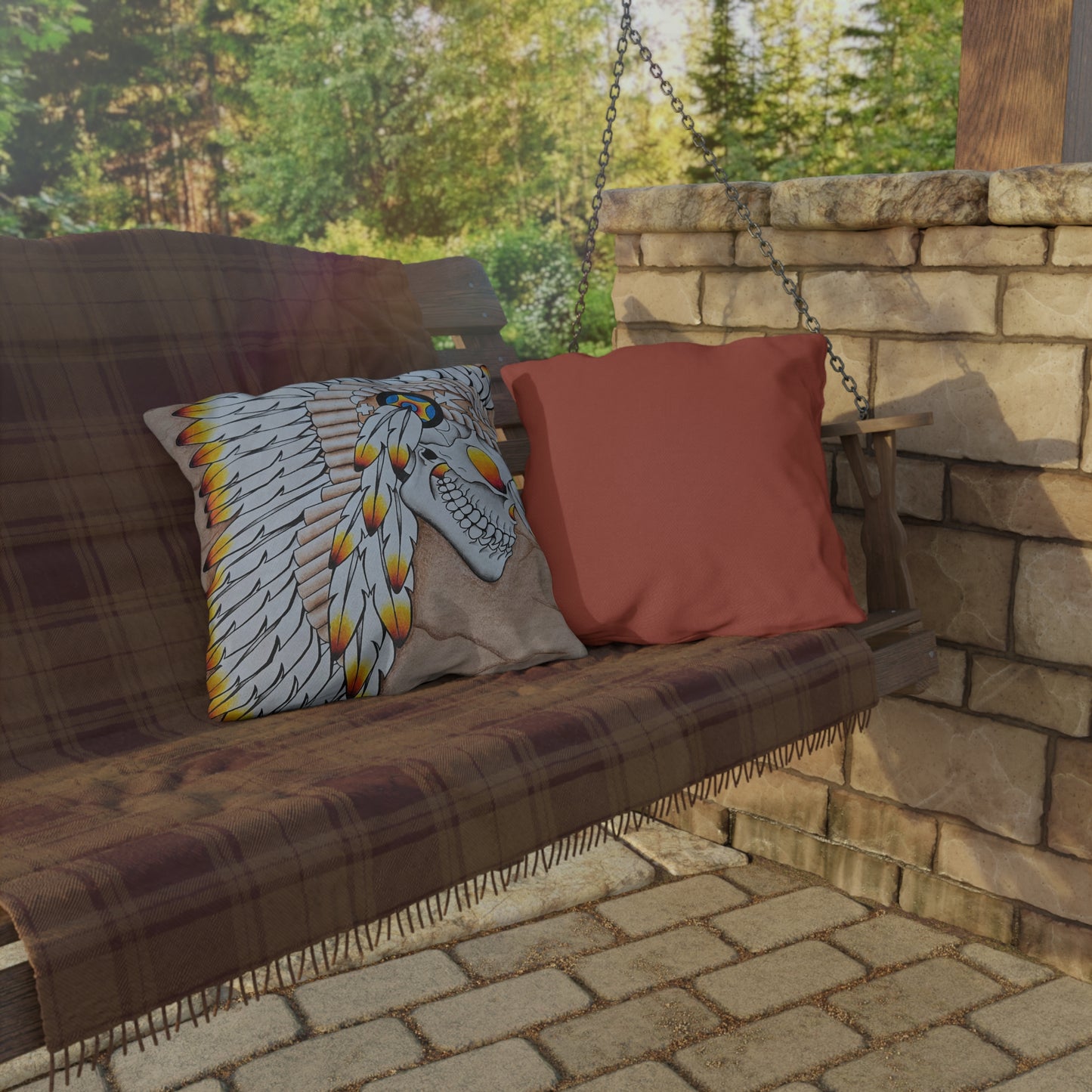 Chief Skull Outdoor Pillow — Tribal Skull Accent Cushion for Patio