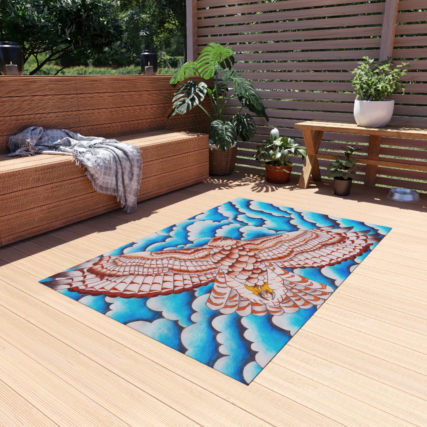 Hawk Print Outdoor Rug, Bohemian Area Mat, Patio Decor, Camping Accessory, Porch Rug, Wild Nature Inspired Home Decor