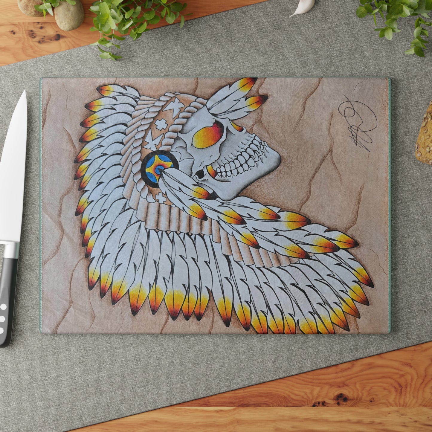 Chief Skull Glass Cutting Board — Decorative Glass Chopping Board with Skull Design