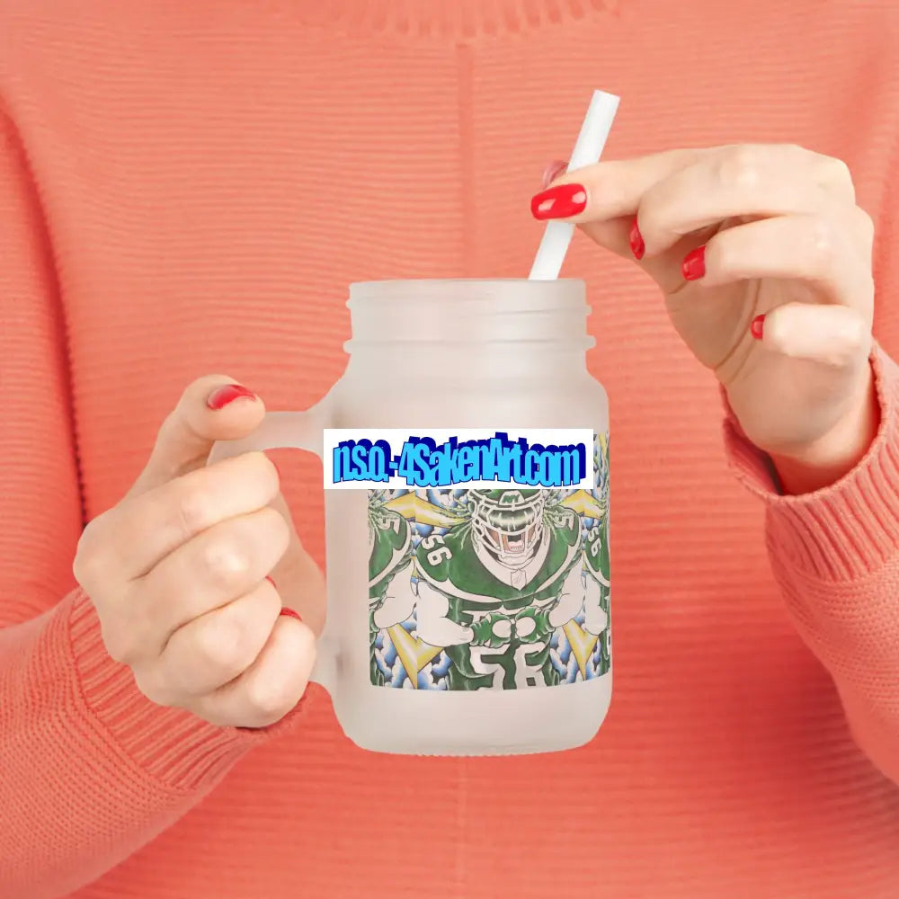 Football Player Mason Jar Tumbler — Frosted Mason Jar with Straw (Team Spirit Game Day Drinkware) 12oz / Transparent