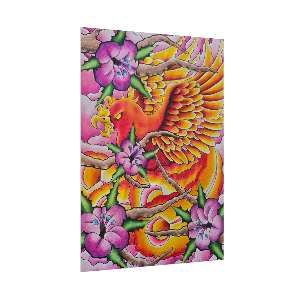 Phoenix Floral Art Poster — Vibrant Tattoo-Style Rolled Print