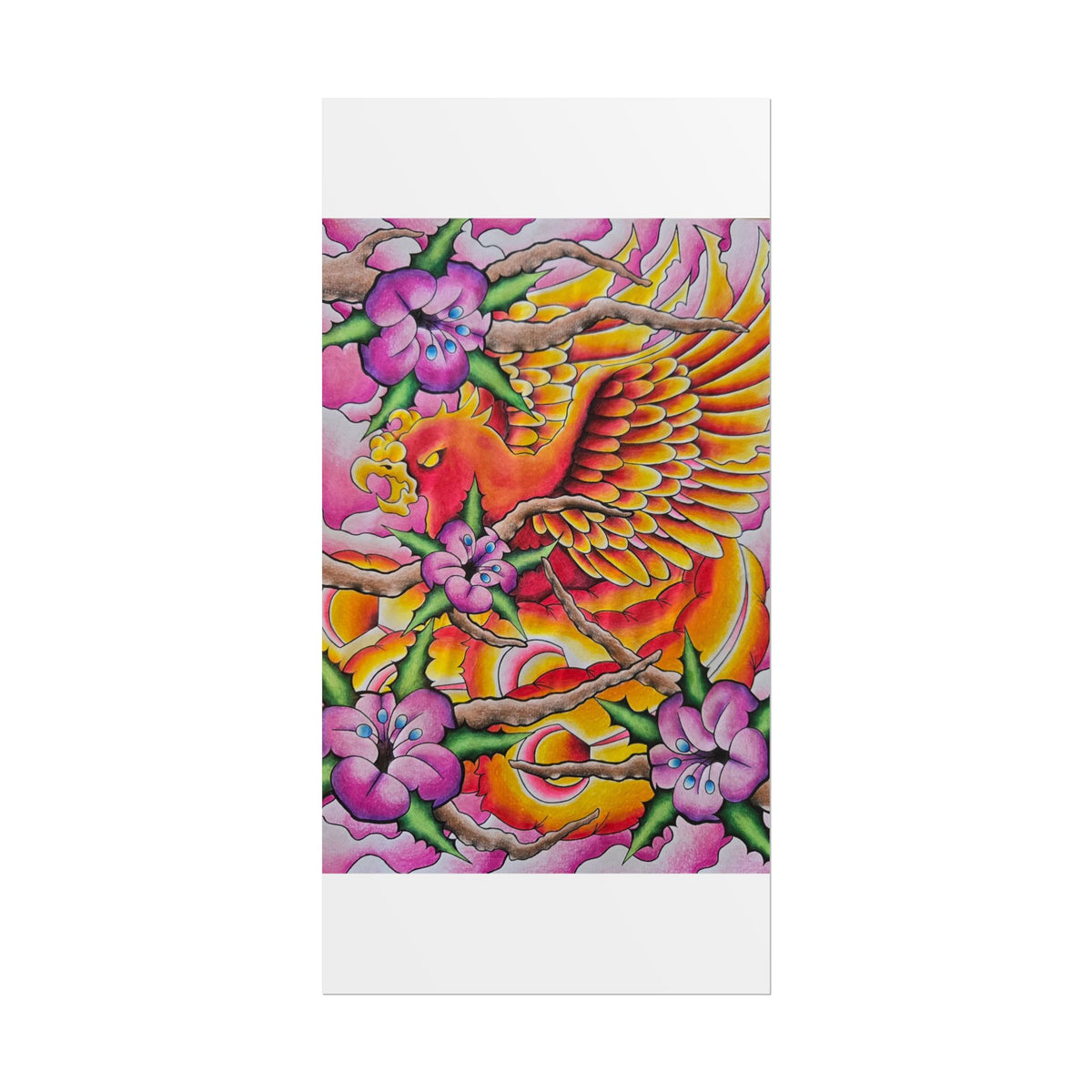Phoenix Floral Art Poster — Vibrant Tattoo-Style Rolled Print