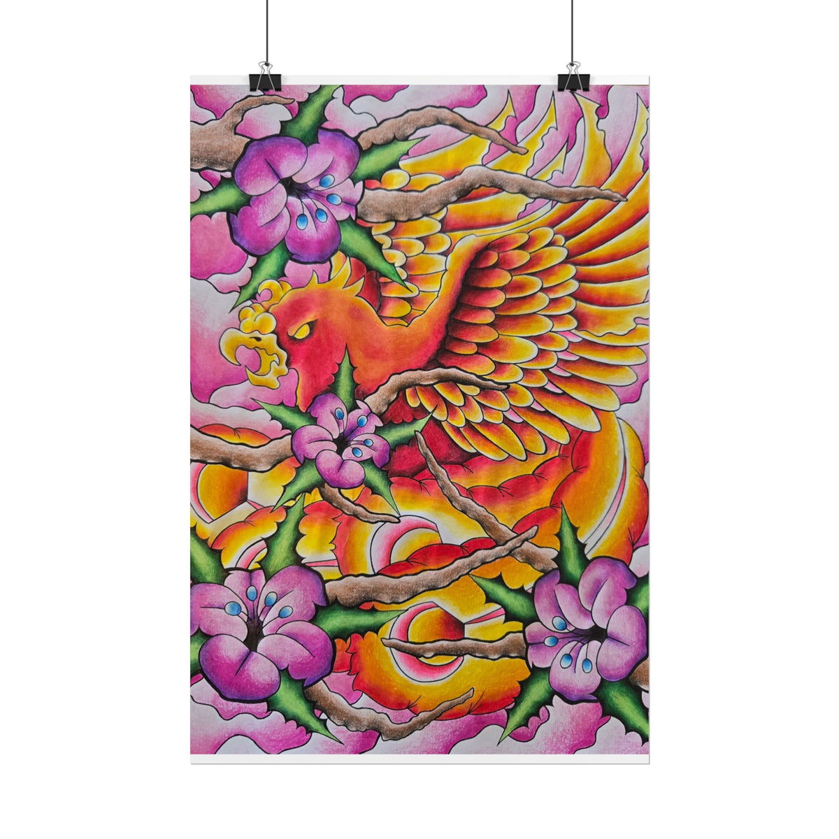 Phoenix Floral Art Poster — Vibrant Tattoo-Style Rolled Print