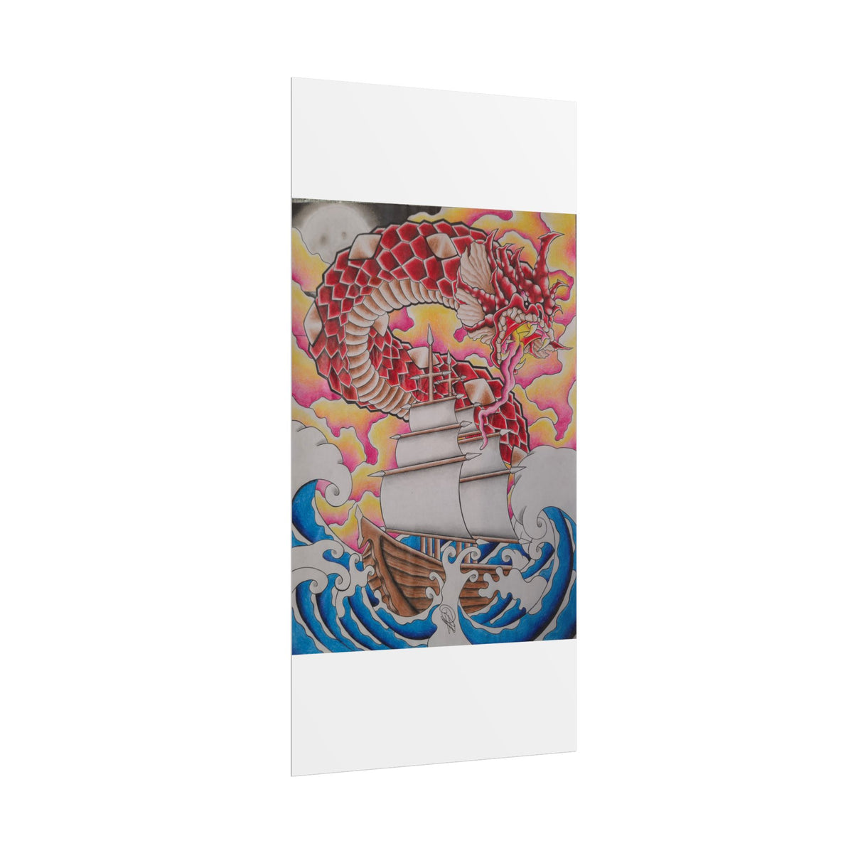 Sail and Dragon Art Poster — Nautical Tattoo-Style Rolled Print