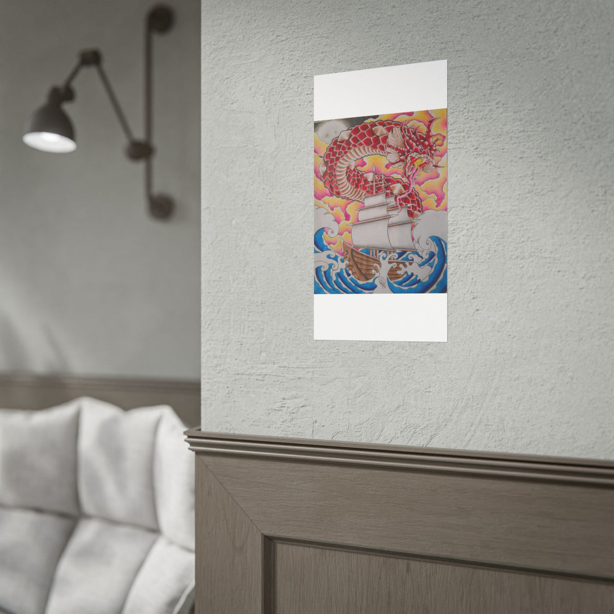 Sail and Dragon Art Poster — Nautical Tattoo-Style Rolled Print