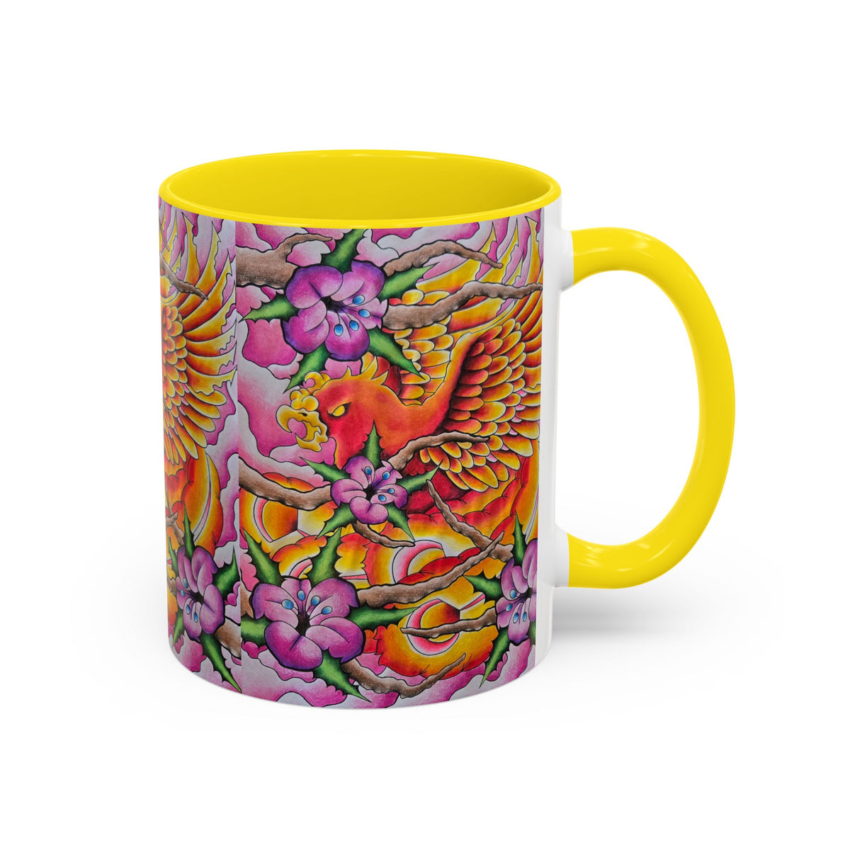 Phoenix Floral Coffee Mug — Colorful Tattoo-Style Ceramic Accent Mug