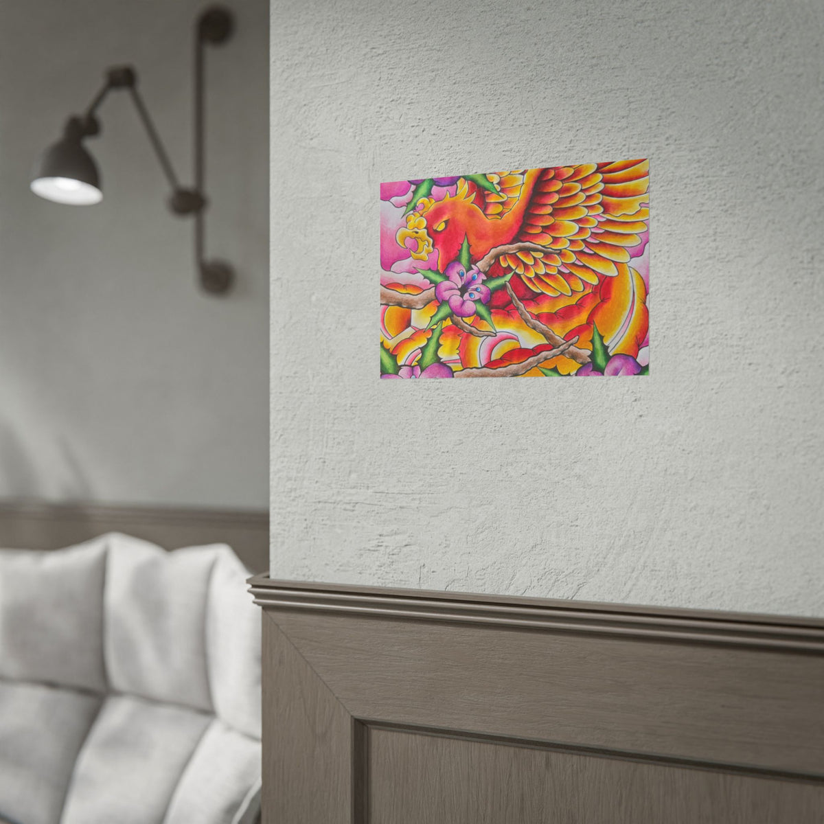 Phoenix Floral Art Poster — Vibrant Tattoo-Style Rolled Print
