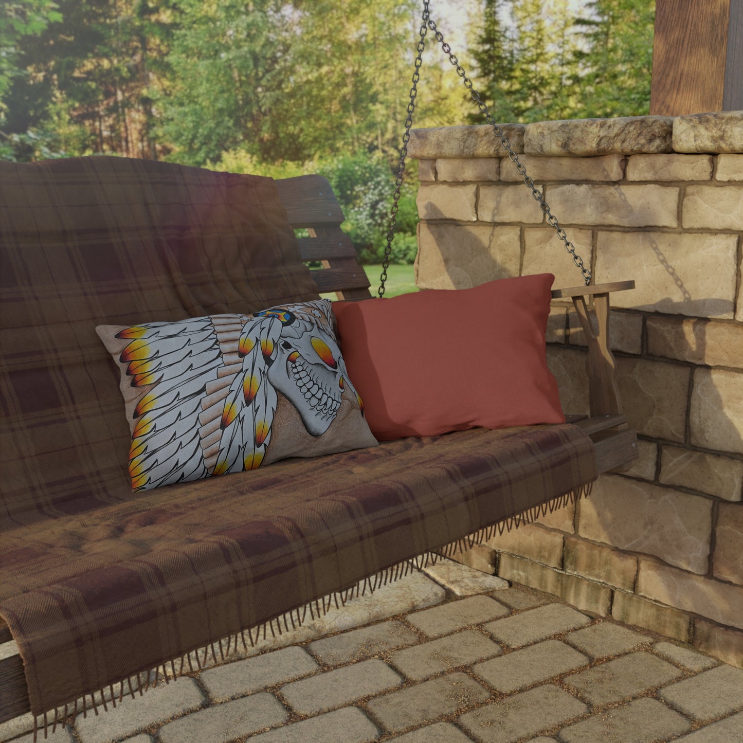 Chief Skull Outdoor Pillow — Tribal Skull Accent Cushion for Patio