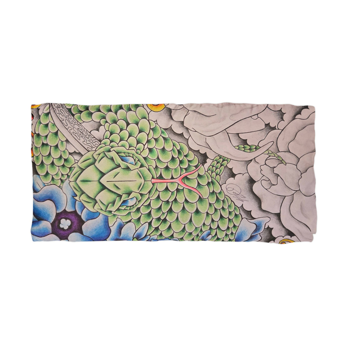 Green Snake Tattoo Microfiber Pillowcase — Floral Japanese-Style Design