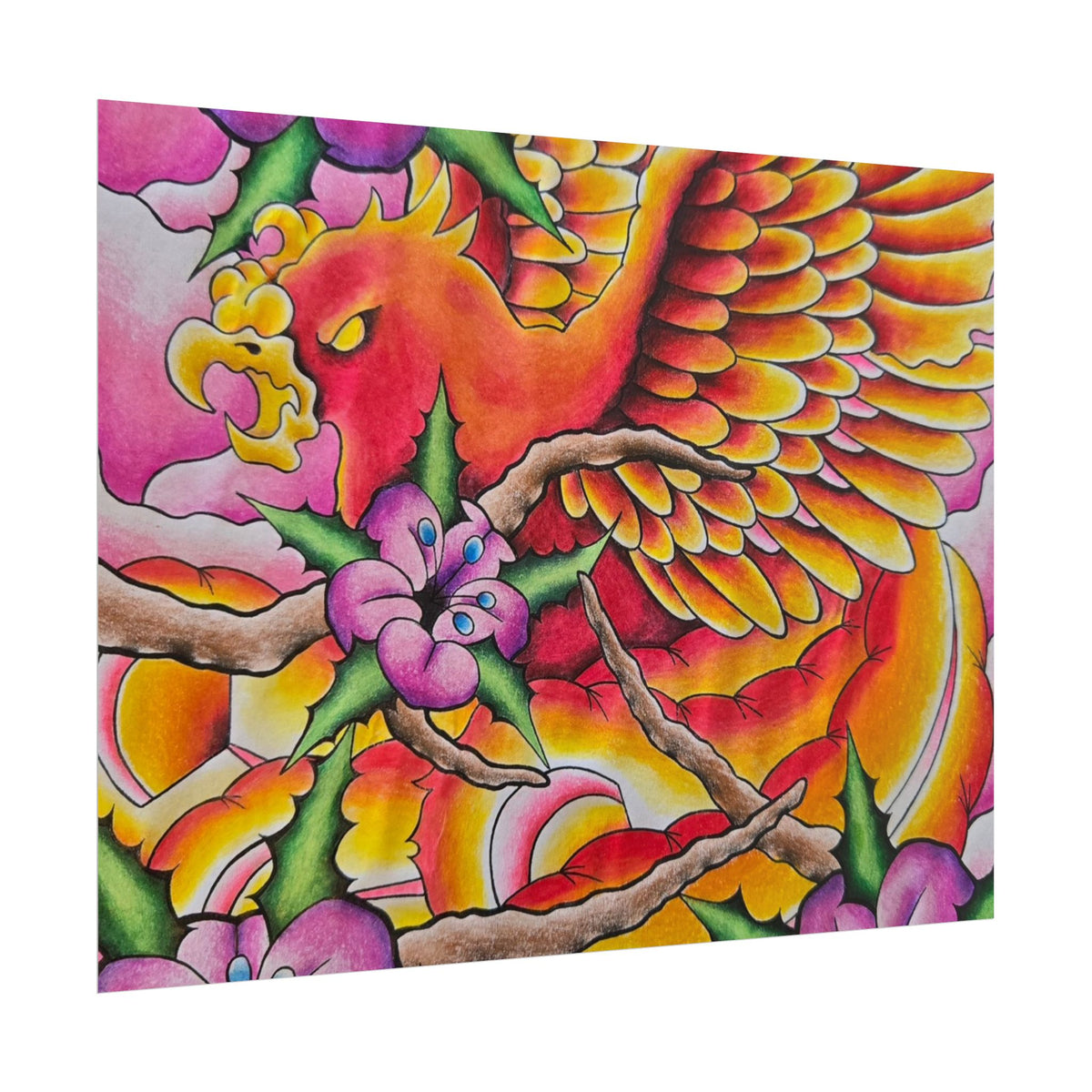 Phoenix Floral Art Poster — Vibrant Tattoo-Style Rolled Print