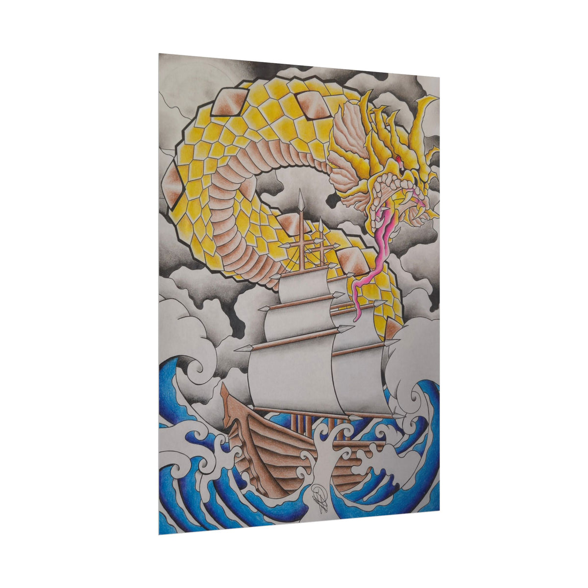 Sailboat & Golden Dragon Poster — Nautical Tattoo Art Rolled Print