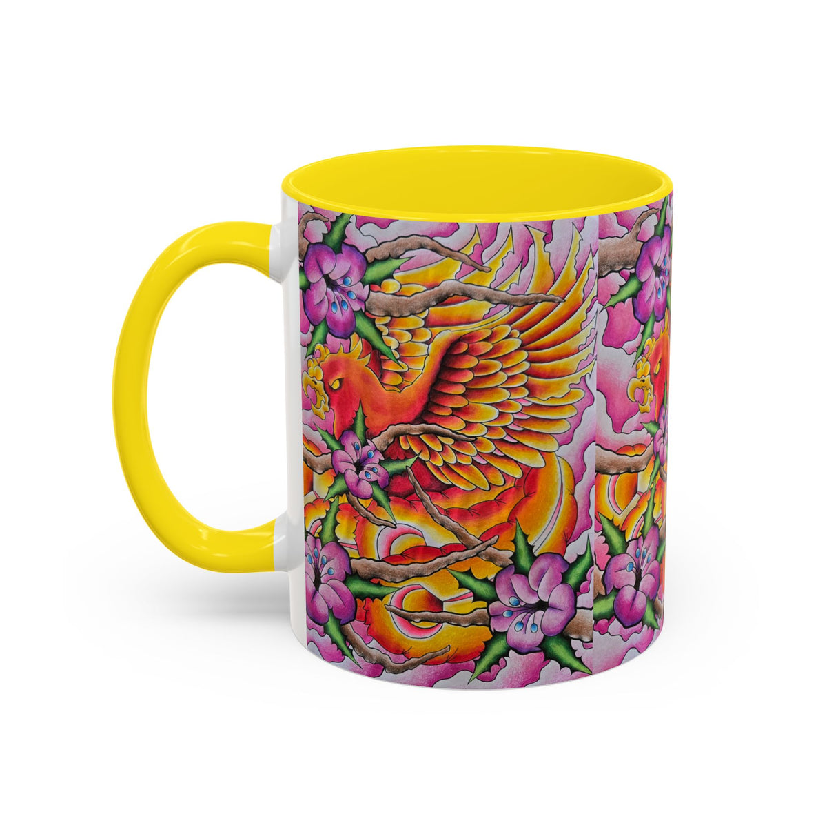 Phoenix Floral Coffee Mug — Colorful Tattoo-Style Ceramic Accent Mug