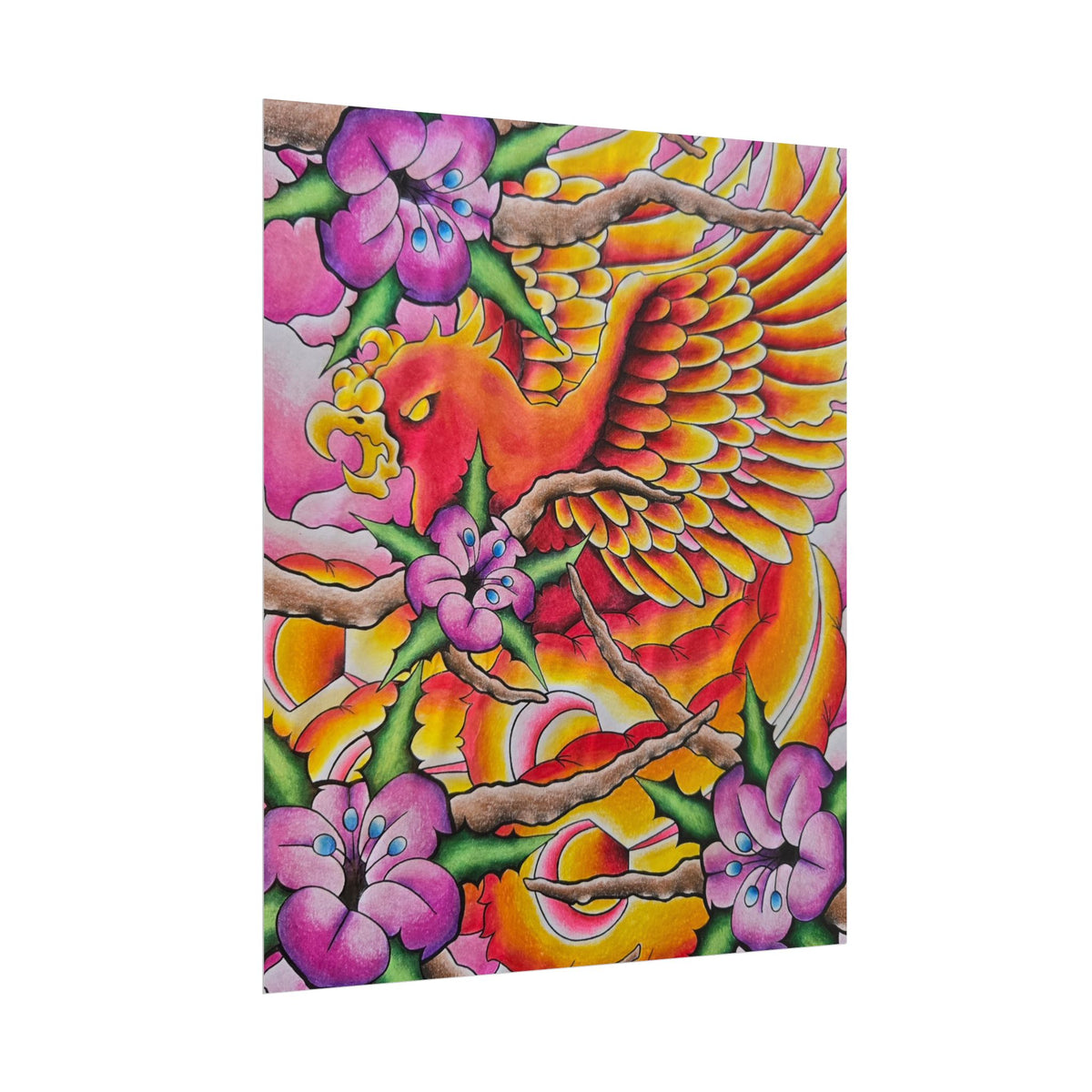 Phoenix Floral Art Poster — Vibrant Tattoo-Style Rolled Print