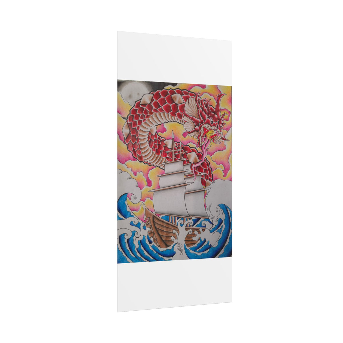 Sail and Dragon Art Poster — Nautical Tattoo-Style Rolled Print