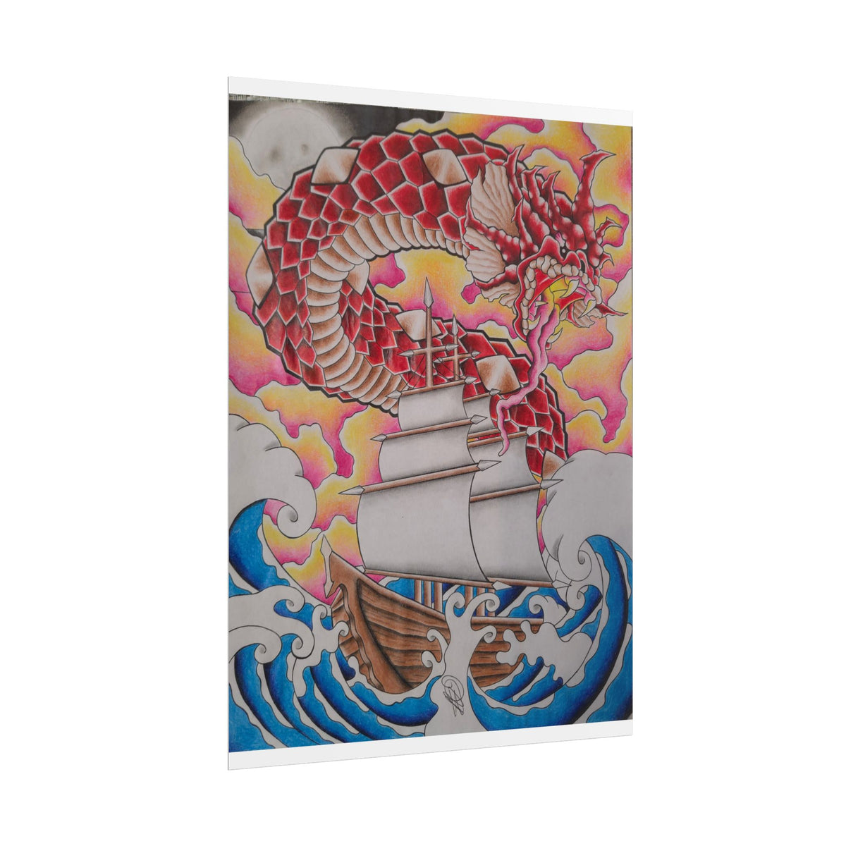 Sail and Dragon Art Poster — Nautical Tattoo-Style Rolled Print