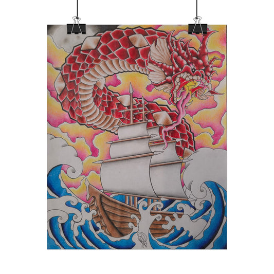 Sail and Dragon Art Poster — Nautical Tattoo-Style Rolled Print