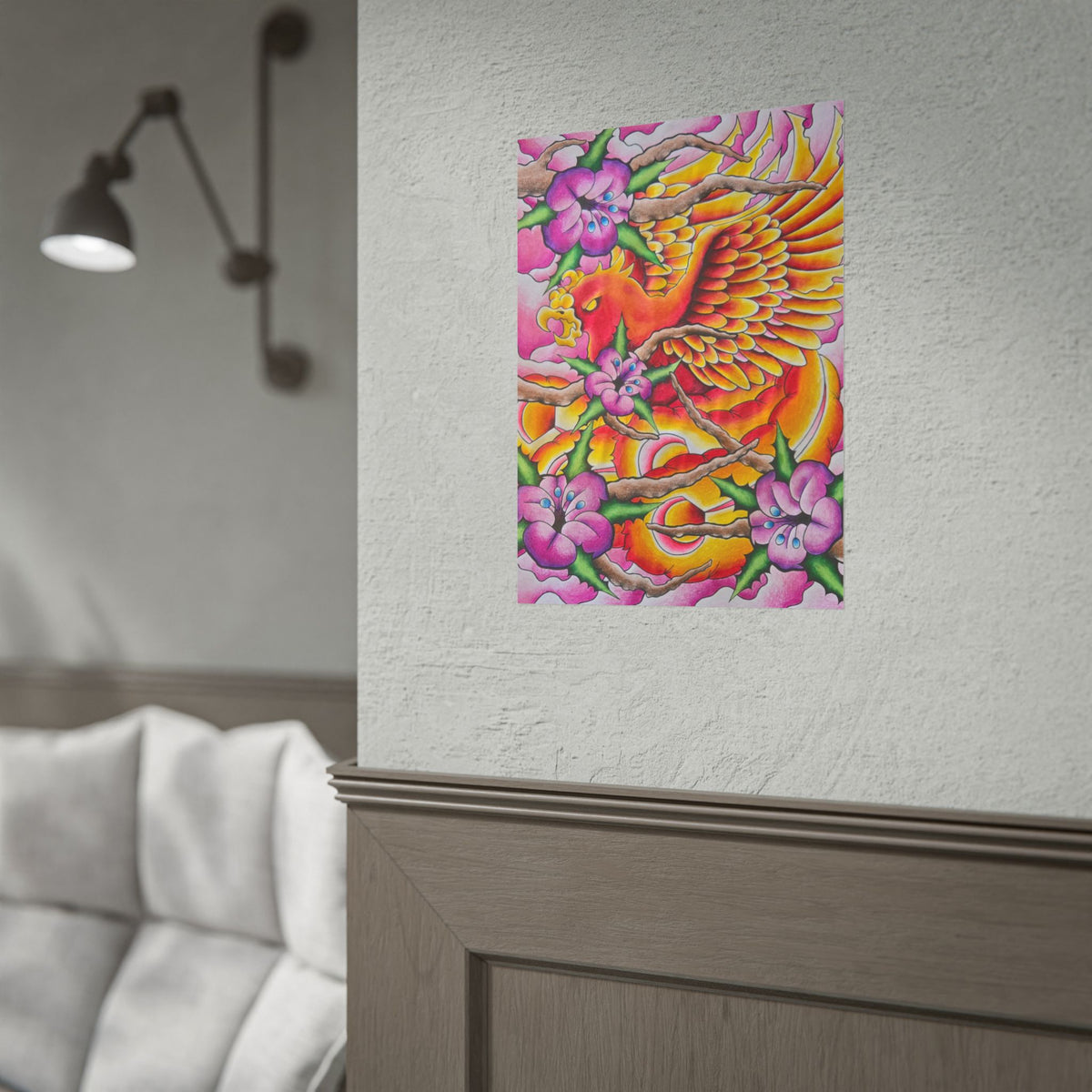 Phoenix Floral Art Poster — Vibrant Tattoo-Style Rolled Print