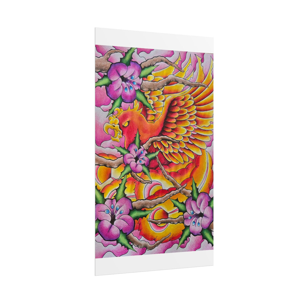Phoenix Floral Art Poster — Vibrant Tattoo-Style Rolled Print