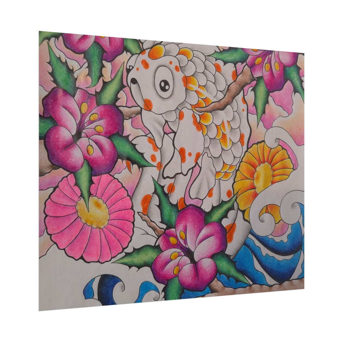 Koi & Cherry Blossom Art Poster — Japanese Tattoo Style Rolled Print