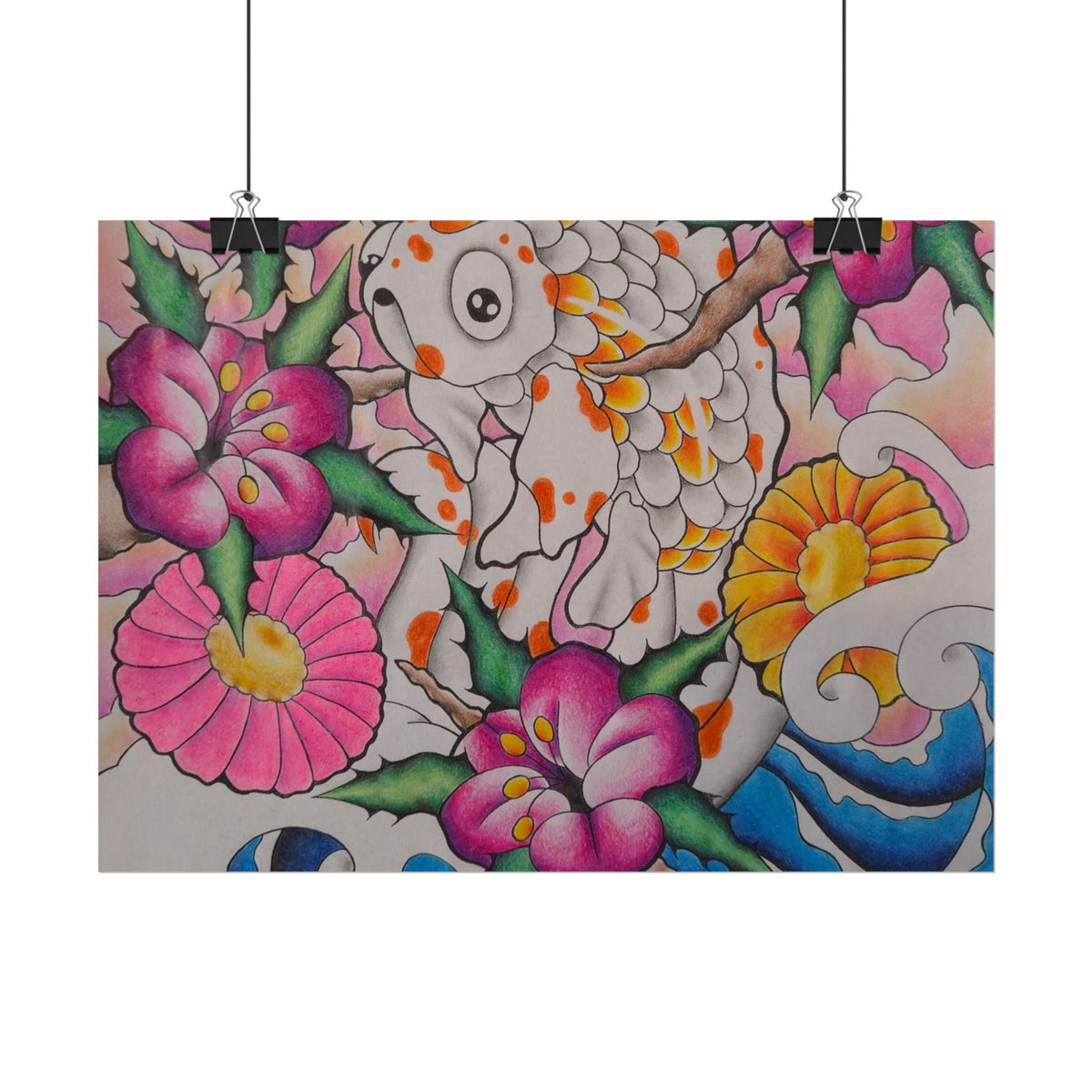 Koi & Cherry Blossom Art Poster — Japanese Tattoo Style Rolled Print