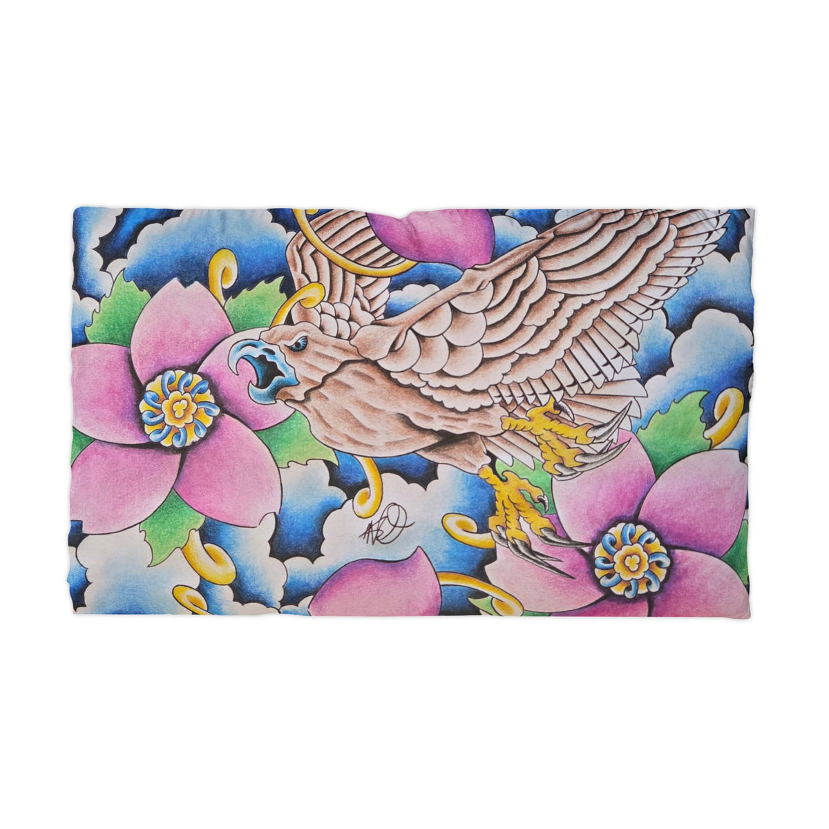 Falcon & Lotus Microfiber Pillowcase — Vibrant Tattoo-Style Floral Bird Design