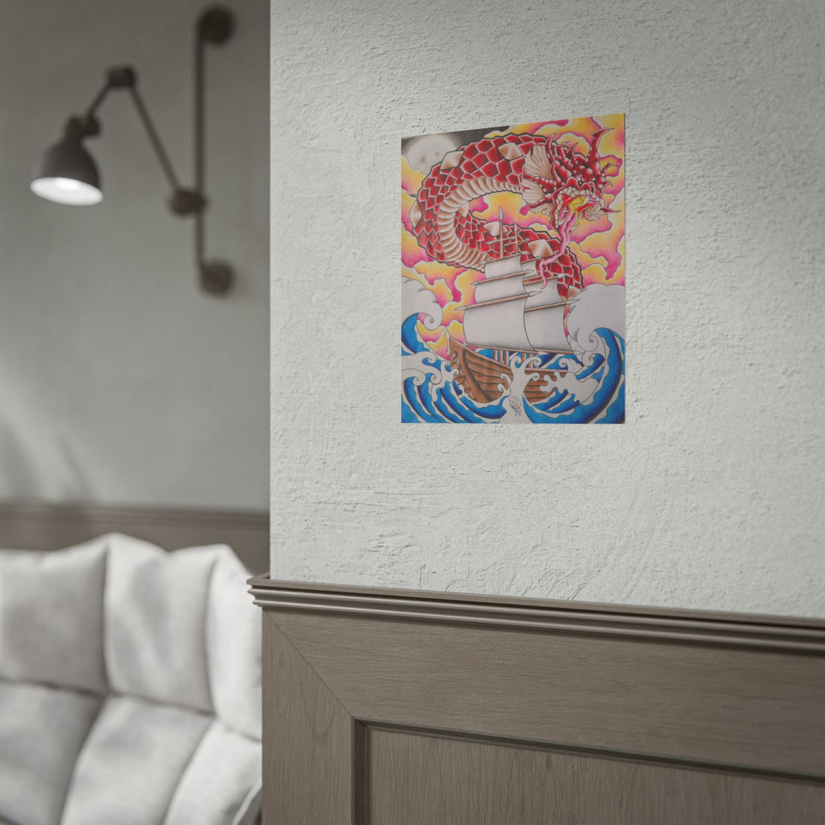 Sail and Dragon Art Poster — Nautical Tattoo-Style Rolled Print