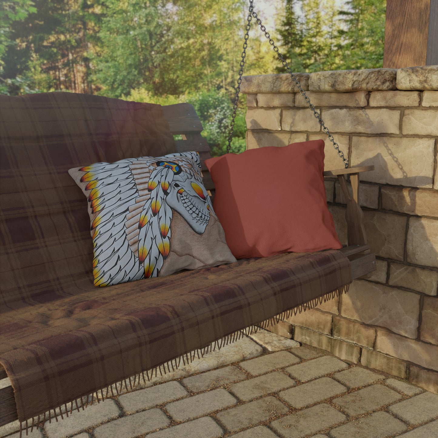 Chief Skull Outdoor Pillow — Tribal Skull Accent Cushion for Patio