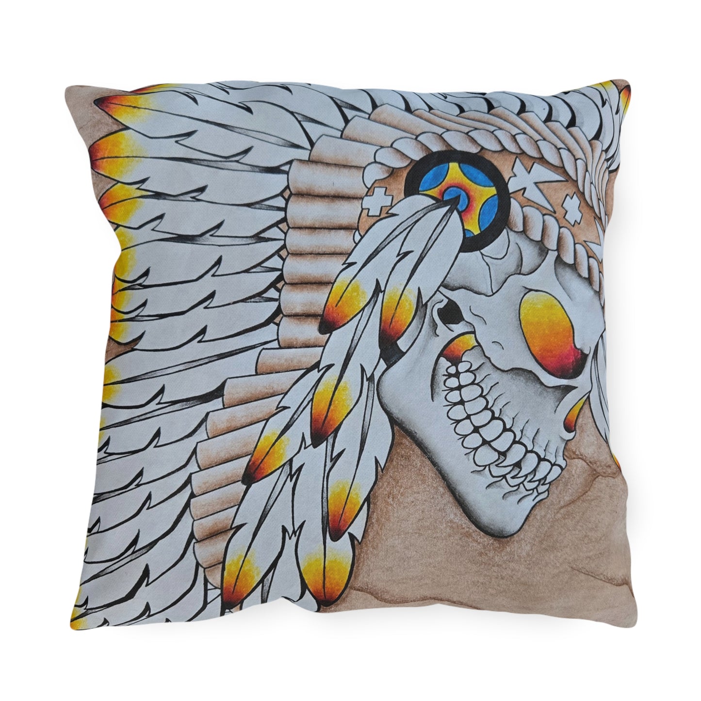 Chief Skull Outdoor Pillow — Tribal Skull Accent Cushion for Patio