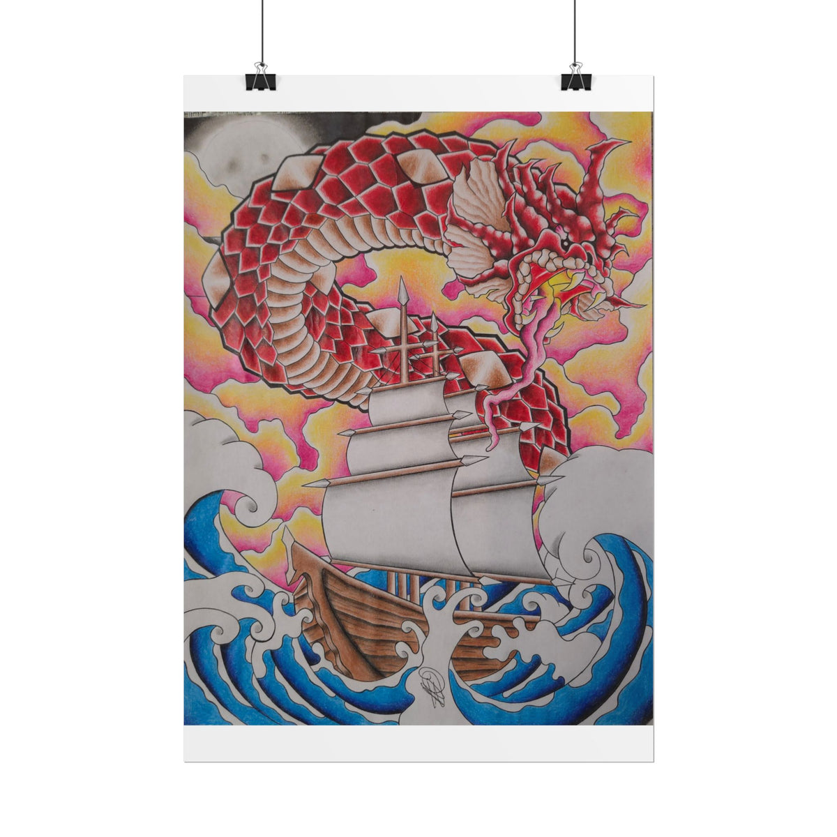 Sail and Dragon Art Poster — Nautical Tattoo-Style Rolled Print
