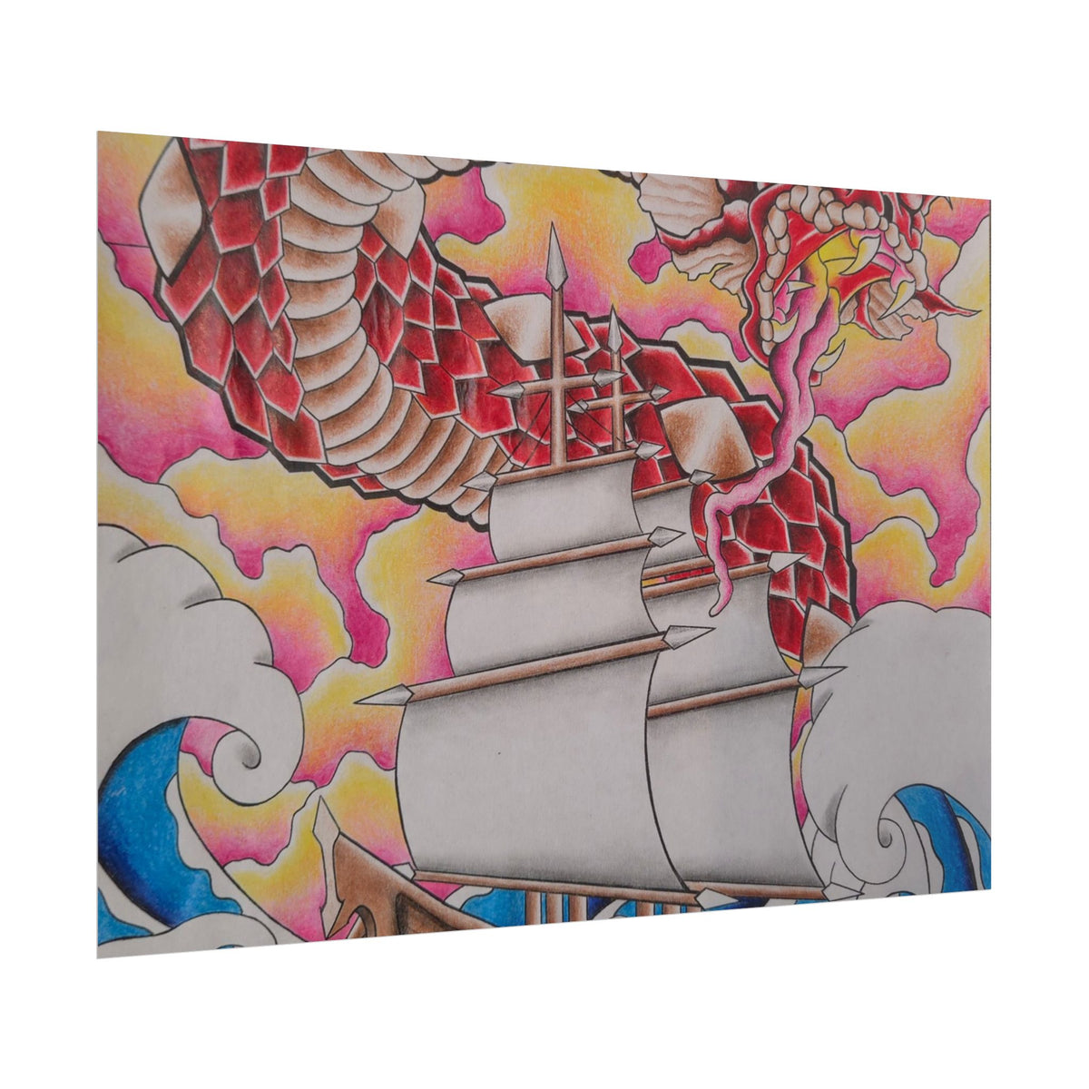 Sail and Dragon Art Poster — Nautical Tattoo-Style Rolled Print
