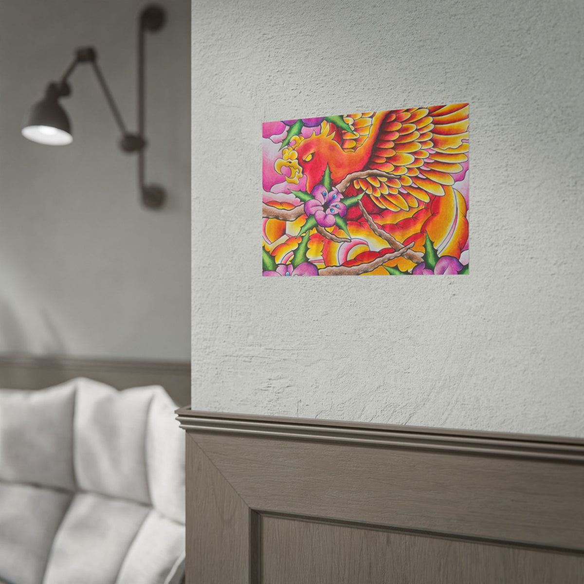 Phoenix Floral Art Poster — Vibrant Tattoo-Style Rolled Print