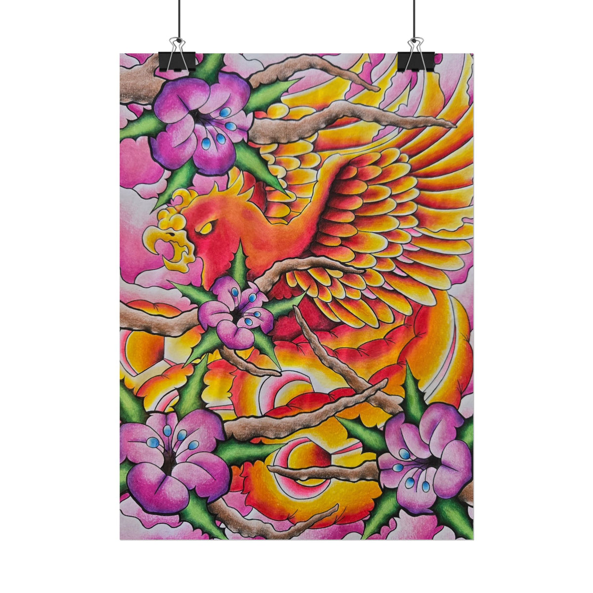 Phoenix Floral Art Poster — Vibrant Tattoo-Style Rolled Print