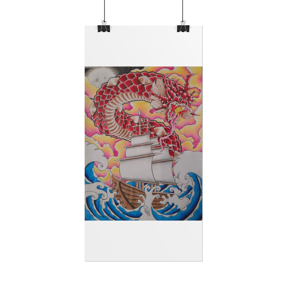 Sail and Dragon Art Poster — Nautical Tattoo-Style Rolled Print