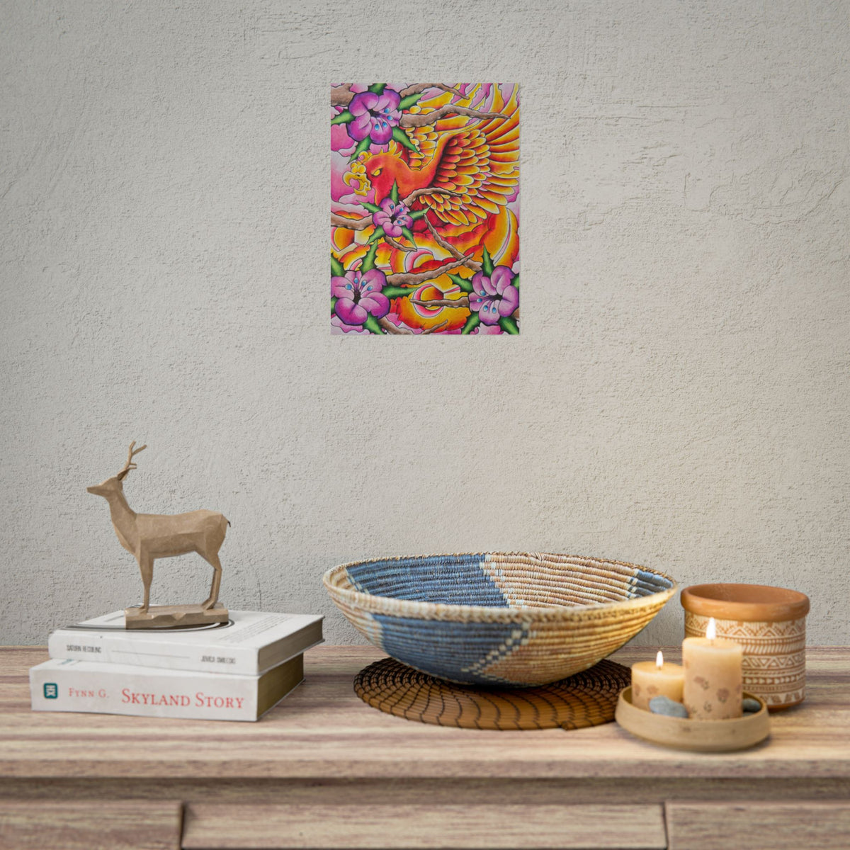 Phoenix Floral Art Poster — Vibrant Tattoo-Style Rolled Print