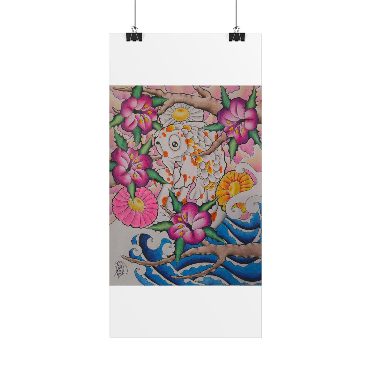 Koi & Cherry Blossom Art Poster — Japanese Tattoo Style Rolled Print